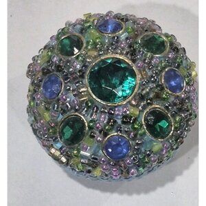 Vintage Jeweled & Beaded Blue Round Metal Trinket Box Velvet Bottom